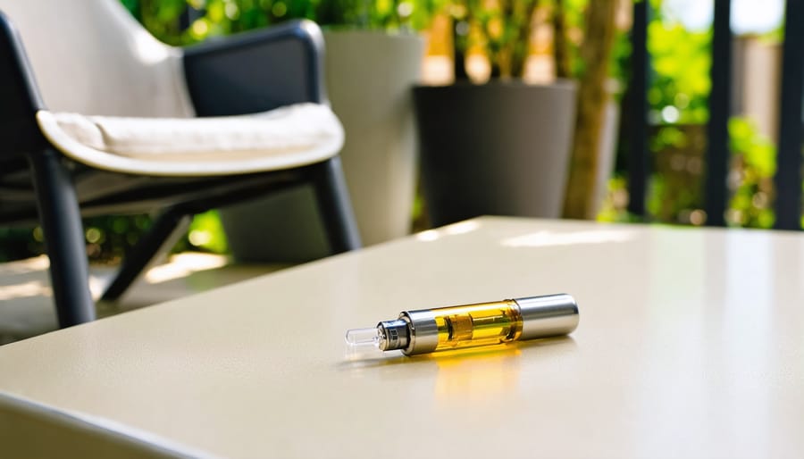 Disassembled empty THCa vape cartridge components on a recycled-plastic tabletop with a recycled-plastic patio chair softly blurred in the background on a sunlit balcony.