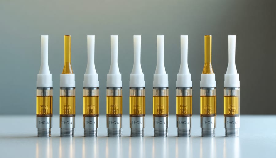 Close-up of empty THCa vape cartridges showing glass and metal components