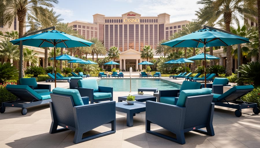 Modern recycled plastic lounge furniture arranged on casino resort pool deck