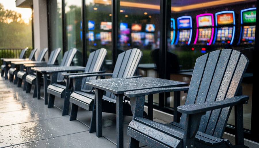 Row of recycled plastic Adirondack and dining chairs with raindrops on an outdoor casino lounge patio, with blurred neon slot machines and sportsbook screens visible through glass in the background