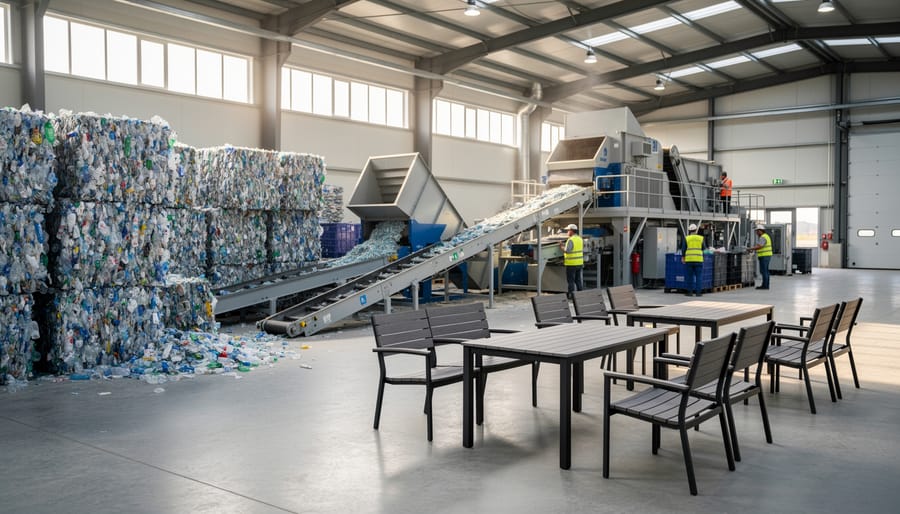 Collection of recycled plastic bottles and containers at processing facility