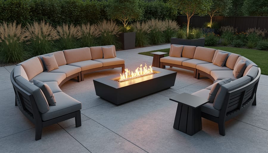 Contemporary curved recycled plastic sectional seating arranged around circular fire pit in backyard setting