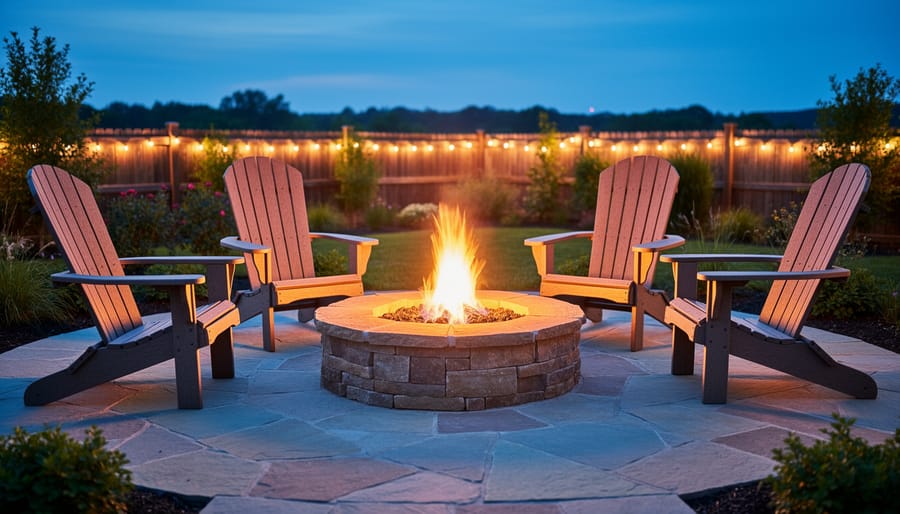 Four recycled HDPE Adirondack chairs around a stone outdoor fireplace with a bright flame on a flagstone patio at dusk, warm firelight contrasting with cool blue twilight, landscaped backyard and soft string lights in the background.