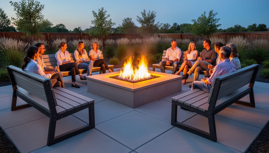 Recycled plastic Adirondack chairs arranged around outdoor stone fireplace with burning fire