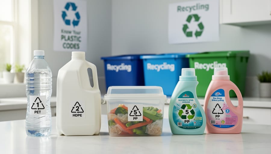 Hands holding various plastic containers showing recycling identification codes