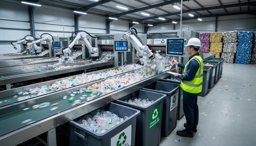 Industrial recycling facility conveyor belt sorting plastic bottles and containers