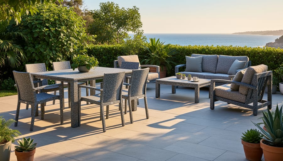Modern outdoor patio furniture set made from recycled ocean plastic in blue and beige colors