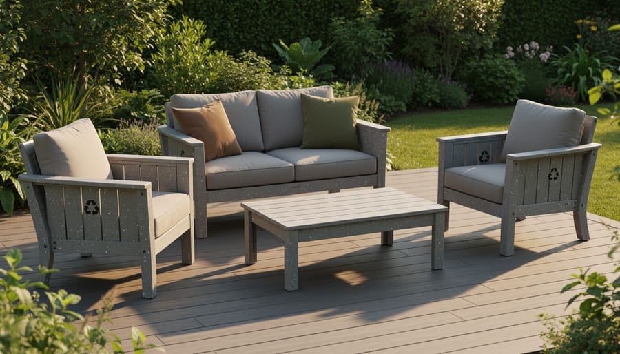 Modern outdoor patio furniture set made from recycled plastic on residential deck