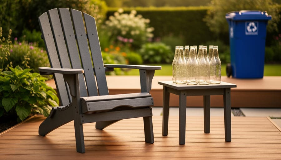 Modern backyard patio with a recycled-plastic Adirondack chair and small table holding rinsed plastic bottles, with a plain blue recycling bin and leafy garden softly blurred in the background at golden hour.