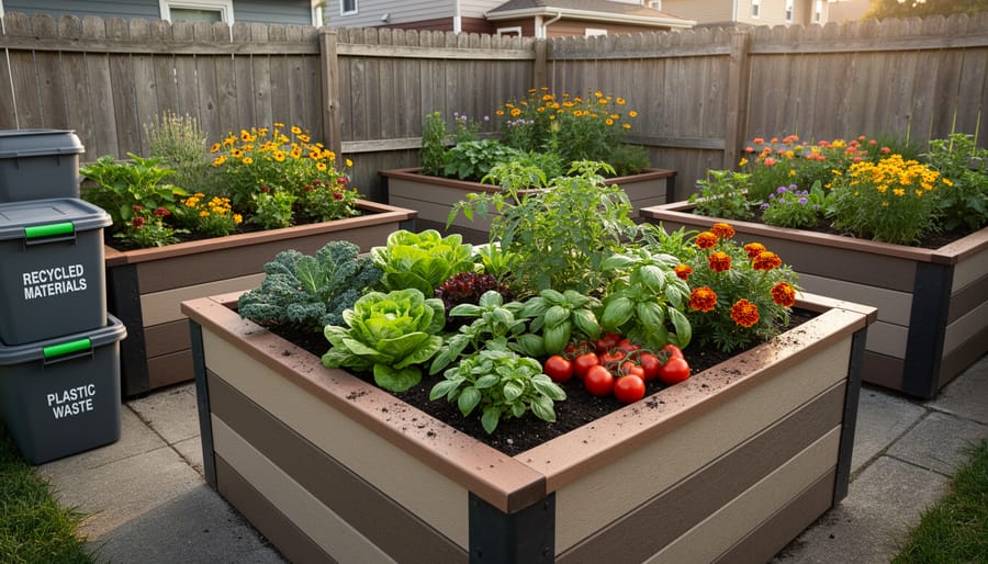 Raised garden bed made from recycled materials filled with growing vegetables and herbs
