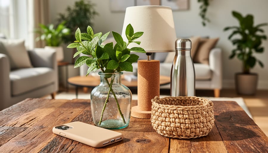 Curated eco-friendly goods—recycled-glass vase with greenery, wheat-straw phone case, plant-fiber basket, cork lamp, unbranded stainless steel bottle—on a reclaimed-wood table, softly lit, with a blurred modern living room and houseplants behind.