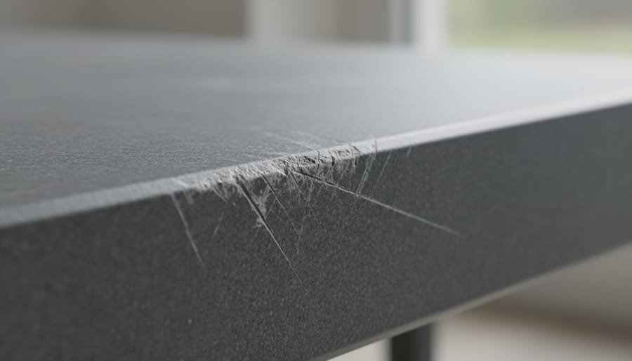 Macro close-up of a recycled-plastic decking plank corner showing texture and color retention