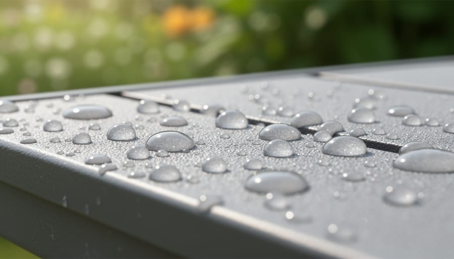 Rain-soaked recycled-plastic garden planters and edging with water beading on surfaces