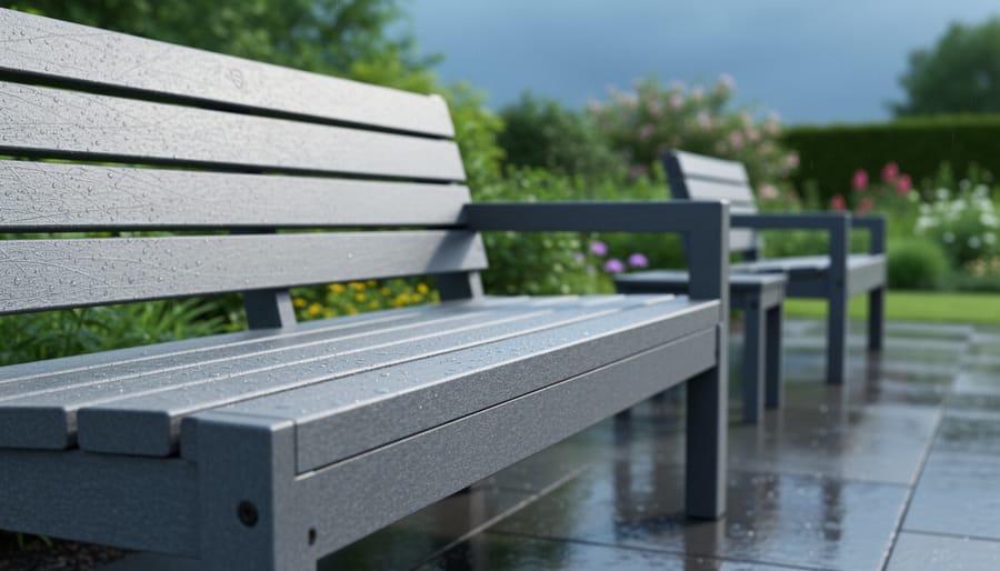 Outdoor recycled-plastic bench with detailed slat texture under soft daylight, suggesting durability against weather and UV exposure.