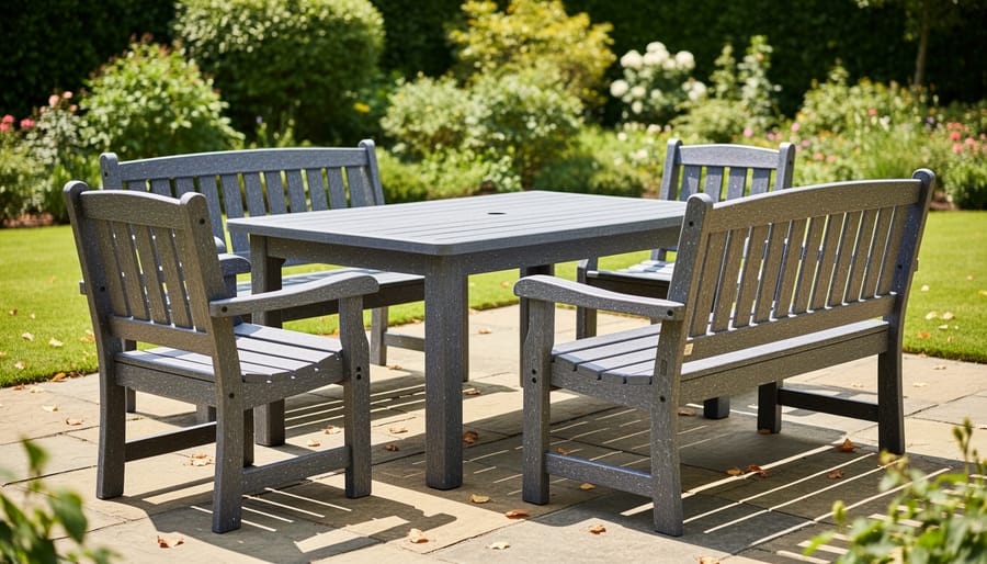 Weathered recycled-plastic patio dining table and chairs in a sunny outdoor setting