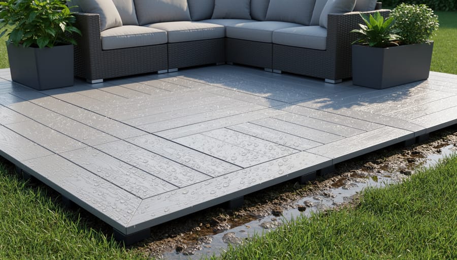 Close view of a recycled-plastic outdoor furniture base on an impervious surface with clean, dry components