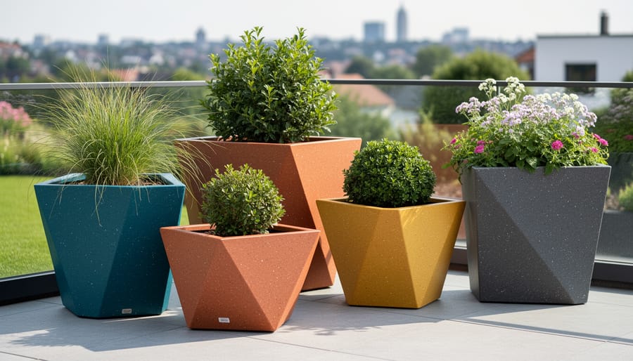 Geometric recycled-plastic planters in bold angular shapes along a garden walkway