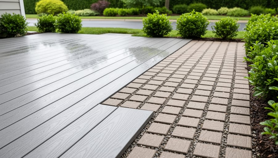 Realistic backyard patio showing smooth recycled plastic lumber impervious paving next to textured permeable pavers with lush greenery in the background.
