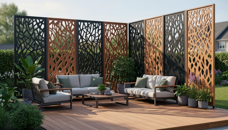 Laser-cut geometric privacy screens made from recycled plastic installed on a patio