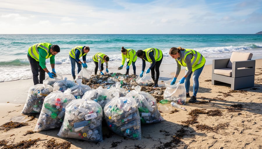 Ocean cleanup team in yellow suits hauling plastic debris net near the shoreline.