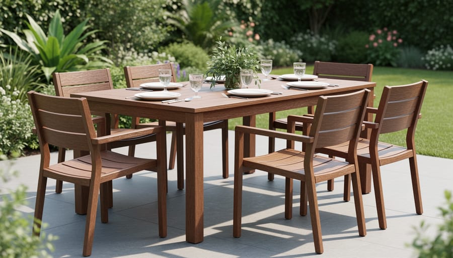 Outdoor dining table and chairs made from recycled plastic with wood-grain texture on a patio