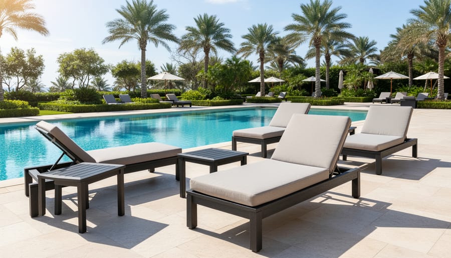 Poolside modern lounge furniture made from recycled plastic with deep seating and chaise
