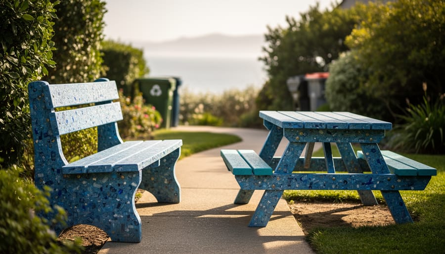 Recycled plastic bench and picnic table made from ocean waste placed in a backyard garden under soft natural light.