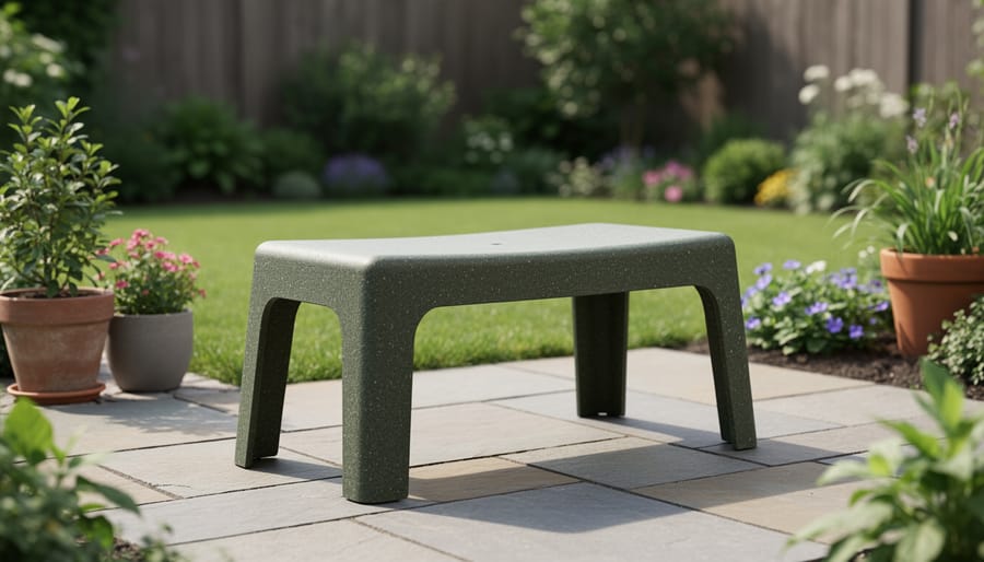 Recycled plastic patio chair and bench on a backyard deck during golden hour.