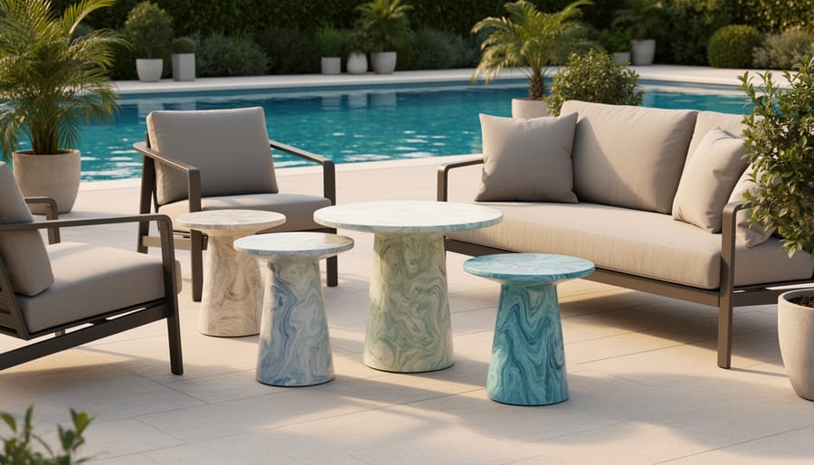 Recycled plastic side table and accent stool with speckled marbled finish near a pool