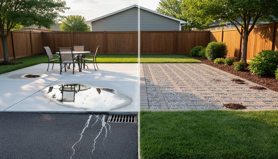 Residential outdoor patio and permeable gravel path with outdoor seating and landscaping