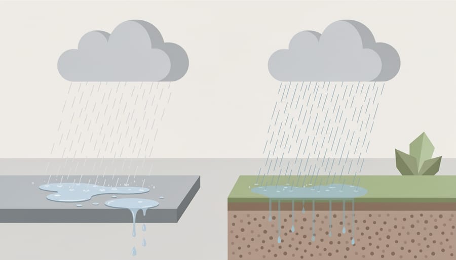 Side-by-side view of an impervious concrete surface and a permeable gravel bed showing different wetness patterns