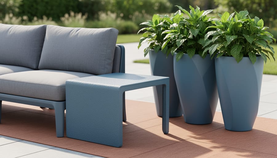 Modern outdoor seating with a sleek recycled plastic side table and sculptural planters filled with green plants in soft natural light.