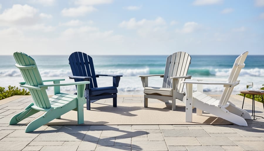 Two coastal-colored recycled plastic Adirondack chairs on a patio near the ocean