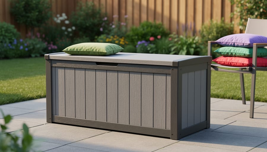 Weather-resistant recycled plastic storage bench with open lid showing ventilated interior