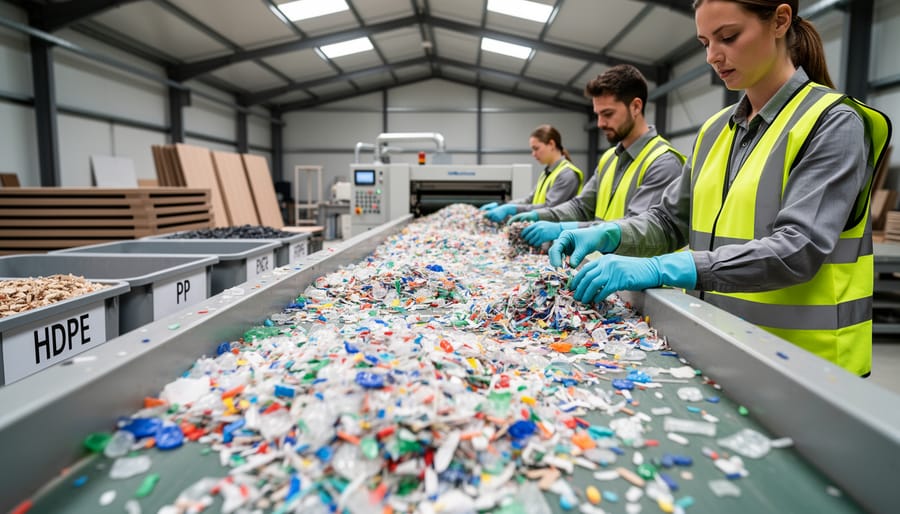 Worker sorting multicolored plastic flakes in a recycling facility.