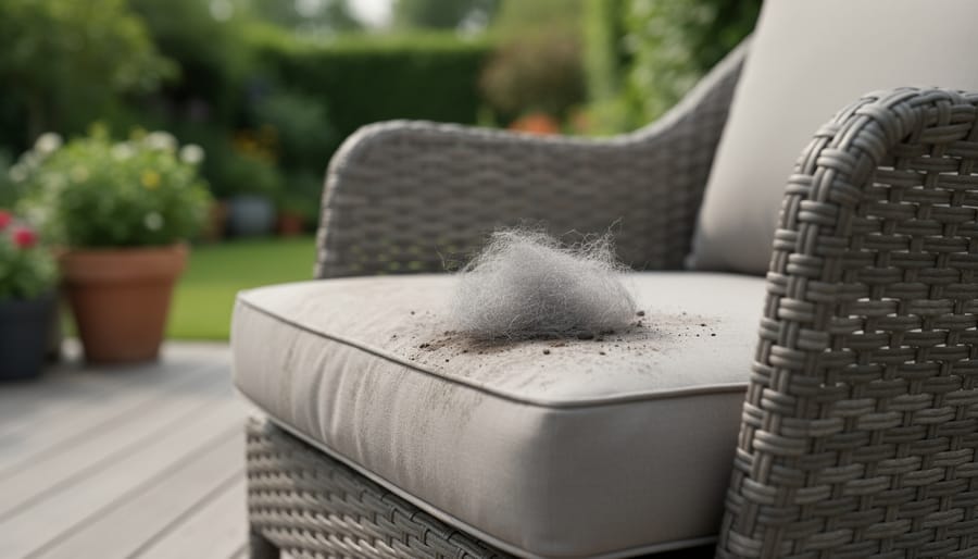 Lint-like debris on an outdoor chair arm near a visible dryer vent area.