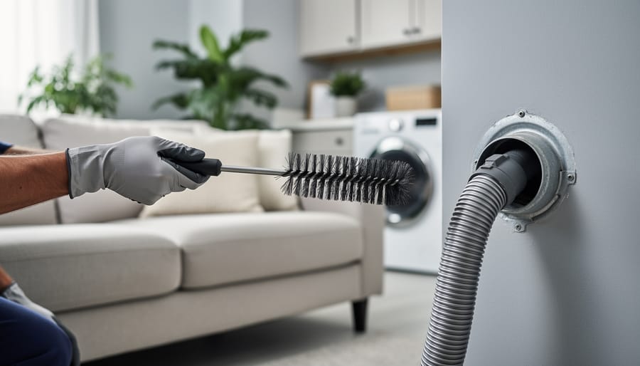 A technician holds a dryer vent cleaning brush and vacuum hose beside a clean sofa in a bright living room and laundry area.