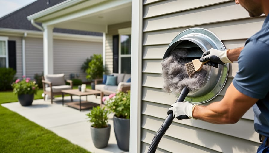 Technician brushing and vacuuming a dryer exhaust vent to remove lint and debris.