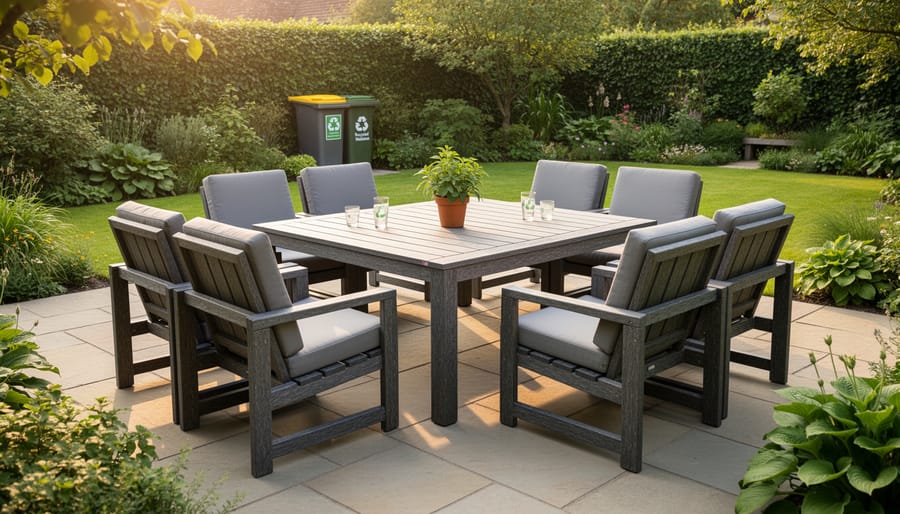 Family relaxing outdoors on durable outdoor furniture made from reclaimed plastic.