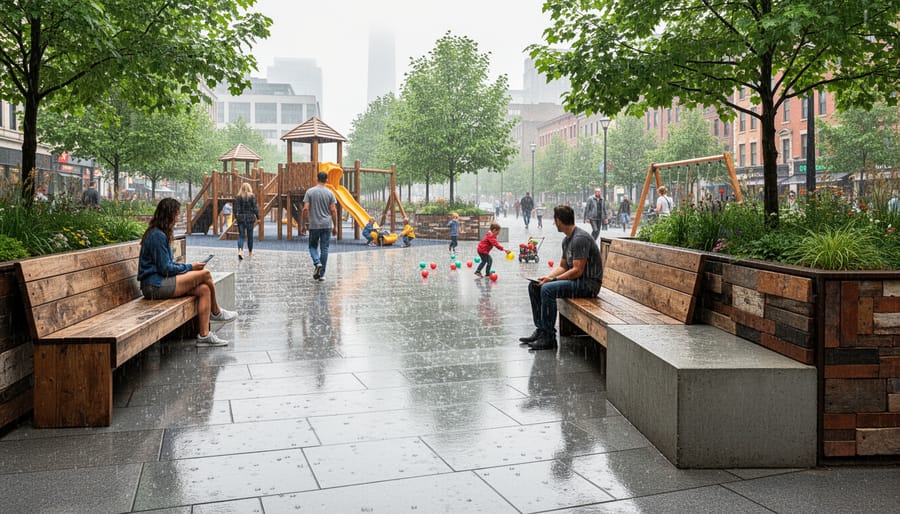 Outdoor park benches and planters made from reclaimed plastic along a walkway during golden hour.