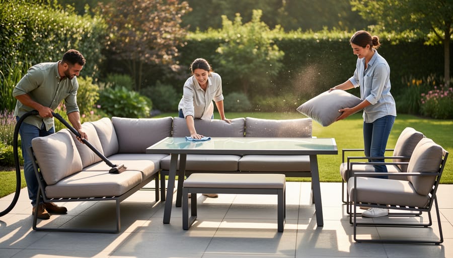 Person wiping and rinsing recycled plastic outdoor patio chairs during a cleaning day.
