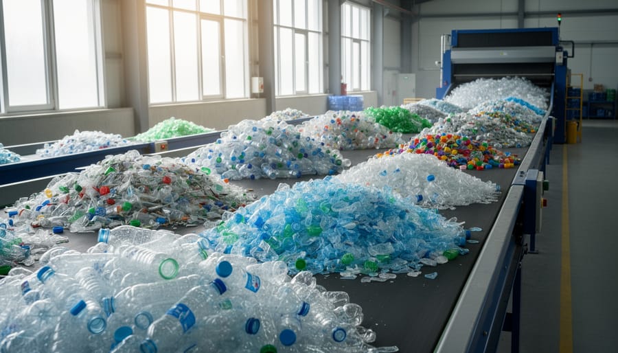 Technician’s gloved hands inspecting colorful shredded plastic flakes in a metal tray.