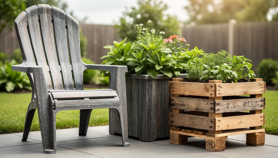 Reclaimed-plastic outdoor chair and planter next to a raised garden bed made from repurposed wooden pallets in a backyard setting.