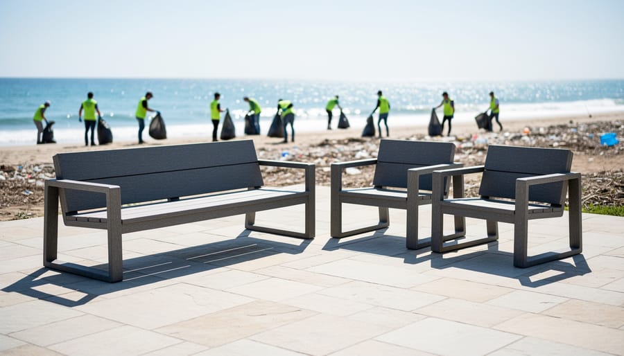 Modern outdoor bench and chairs made of recycled plastic on a sunny patio near a coastal cleanup setting.