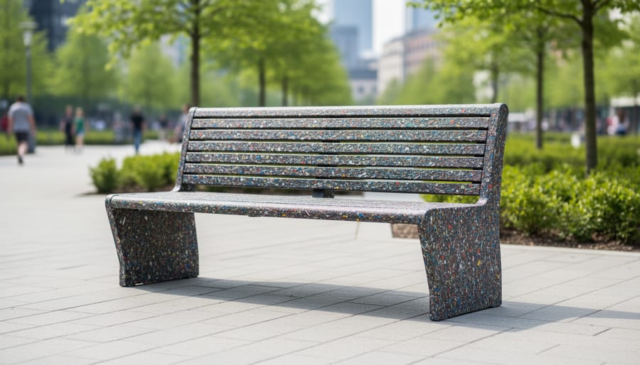 Modern outdoor bench with recycled plastic texture on a garden patio