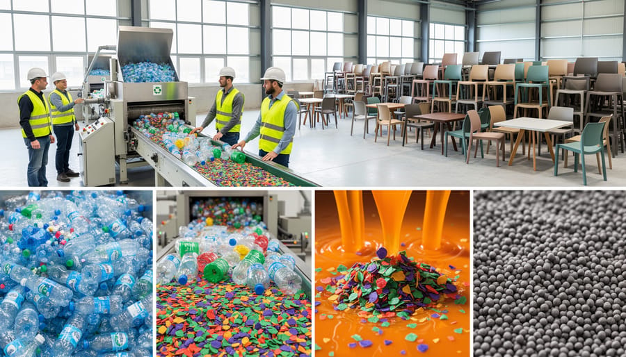 Recycling facility hopper pouring colorful plastic flakes into processing machinery