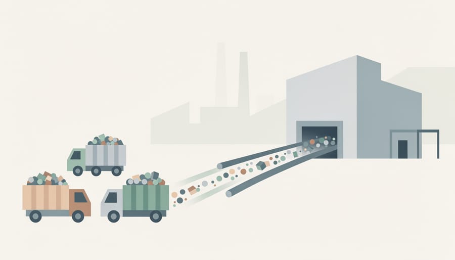 Safety workers inspecting mixed municipal waste at the entry chute of a waste-to-energy facility