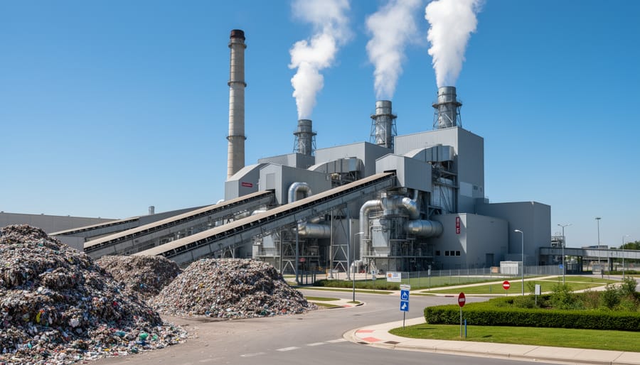 Modern waste-to-energy facility with a smokestack emitting visible steam under an overcast sky