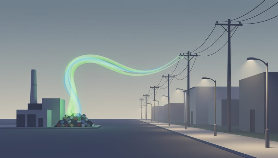 Streetlights glowing at dusk with a distant electrical utility substation and clean neighborhood background