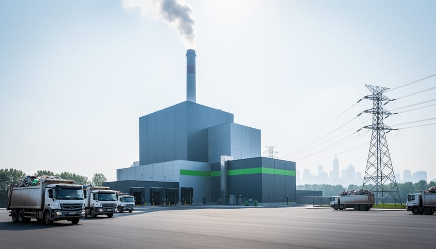 Modern waste-to-energy facility with a smokestack releasing steam, waste delivery trucks in the foreground, and power infrastructure in the background.